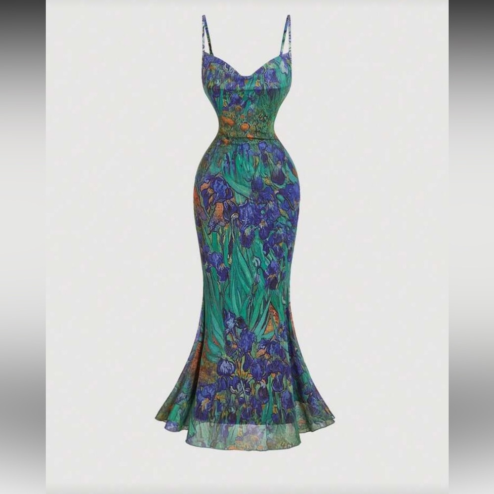 Vibrant Floral Midi Dress in Green and Blue